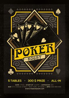 the poster for poker night is shown in black and gold colors, with an image of playing cards