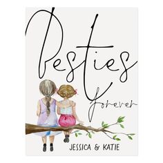 Ad: Let your bestie know how much she means to you with this modern set script Besties Forever and a cute illustration of two friends sitting on the branch of a tree. Easily personalise withyour names. #best #friends #forever #girly #bff #trendy #friendship #chic #besties #cute #illustration #girls #names #postcard Virtual Baby Shower Invitation, Girls Names, Gold Typography, Besties Forever, Forever Friends, Virtual Baby Shower, Birthday Name, Vintage Bunny, Two Friends