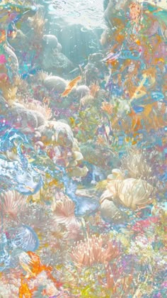 an underwater scene with colorful corals and other marine life in the foreground, under water