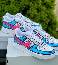 Custom Air Force 1 Cartoon Blue Pink Swoosh-shecustomize Air Force 1 Cartoon, Cartoon Water, All White Sneakers, Custom Sneakers Diy, Custom Painted Shoes, Custom Shoes Diy, Diy Sneakers, Nike Shoes Air Force, Custom Nike Shoes