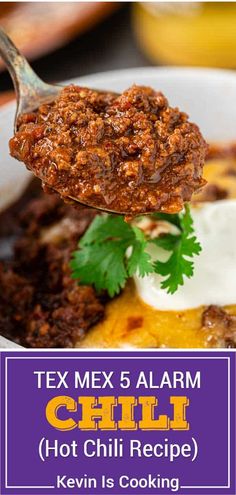 tex mex 5 alarm chili hot chili recipe in a white bowl with a spoon