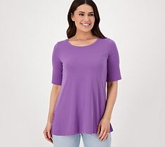 If tanks and tees don't float your boat, but you still want to feel casual, turn to this modern basic to do the trick! Soft, fluid Liquid Knit® takes the lead on this elbow-sleeve tunic, with an uber-flattering A-line silhouette to finish out the slightly elevated look. From Susan Graver. Purple Everyday Spring Top, Purple Everyday Spring Tops, Casual Purple Scoop Neck Top, Purple Tops For Everyday Spring Wear, Basic Solid Color Summer Knit Top, Basic Solid Color Knit Top For Summer, Casual Scoop Neck Knit Top, Casual Purple Knit Top, Basic Solid Knit Top For Summer