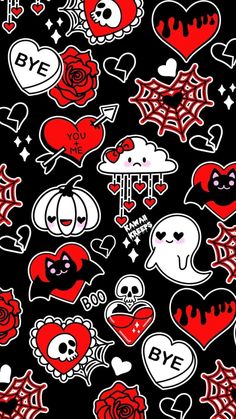 a bunch of stickers that are on a black background with red and white designs