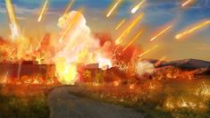 an image of a huge explosion in the sky over a road with buildings on it