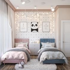 two beds in a room with lights on the wall above them and a teddy bear sitting next to each other