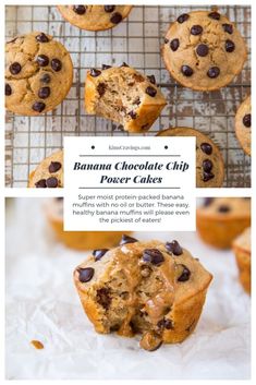 banana chocolate chip power cake muffins on a cooling rack with text overlay