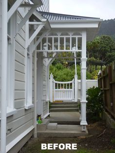 the before and after photo of a white house with stairs leading up to it's front door