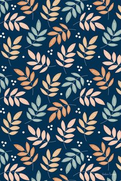 a pattern with leaves and berries on a dark blue background, in the style of art nouveau