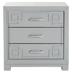 a gray nightstand with two drawers and handles on it's sides, against a white background