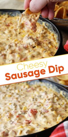 cheesy sausage dip in a cast iron skillet