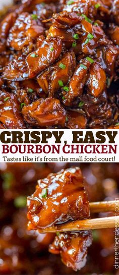 an image of easy bourbon chicken with chopsticks in the foreground and on the top