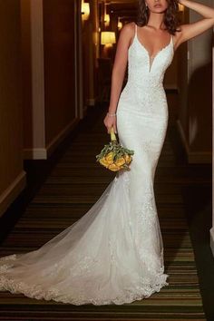 White Mermaid V-neck Lace Wedding Dress Open Back Mermaid Wedding Dress, December Wedding Dresses, Wedding Dress Necklace, Reception Tables, Wedding Dresses 2020, Trumpet Wedding Dress, Wedding Dresses With Straps, White Wedding Dress, Applique Wedding Dress