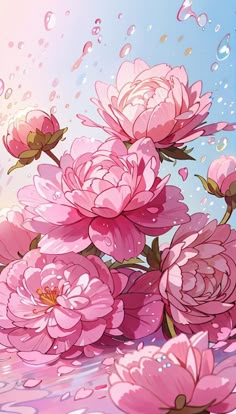 pink flowers are floating in the water on a blue and pink background with bubbles around them