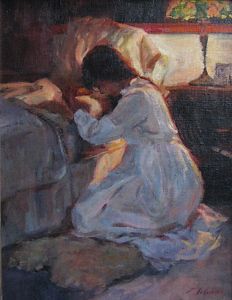 a painting of a person sitting on a bed with the words, i love the lord because he hath heard my voice and my application