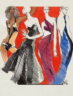 three women in evening gowns are walking down the street, one is wearing a dress