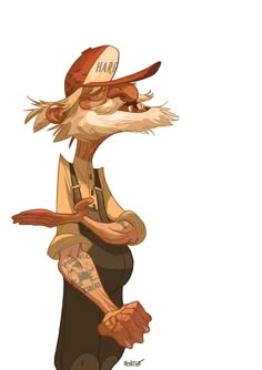 a drawing of a man with tattoos on his arms and legs, wearing an orange hat