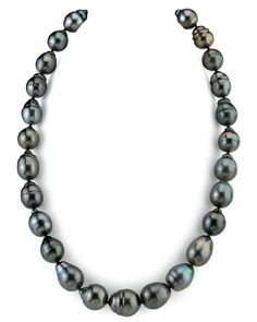 Set your eyes on a gorgeous Tahitian South Sea pearl necklace. This strand is perfect for the pearl lover who wants a unique look. Baroque pearls are loved by women worldwide because of their fashionable and irregular shape, which makes each strand entirely unique. An exquisite Tahitian pearl baroque necklace direct from the pearl farms of Tahiti. This Tahitian pearl necklace measures at 11mm in the back and graduates perfectly to a gorgeous 14mm centerpiece. All pieces in this black pearl neckl Baroque Pearl Jewelry, Baroque Necklace, Baroque Pearls Jewelry, South Sea Pearl Necklace, Single Pearl Necklace, Tahitian Pearl Necklace, Pearl Farm, Black Pearl Necklace, Golden South Sea Pearls