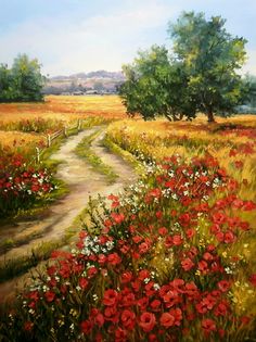 an oil painting of a country road with red flowers in the foreground