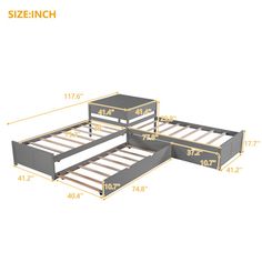 the bed frame is shown with measurements for each mattress and headboard, as well as two