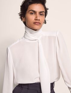 [color:white] High Neck White Blouse, Silk Top Designs, Scarf Blouse, Classic Blouses, High Neck Blouse, Scarf Neck, Top Design Fashion, Neck Scarf