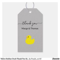 a gray and yellow rubber ducky gift tag with the words, thank you marco & thomas