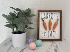 three carrots are displayed on a sign next to some eggs and a potted plant