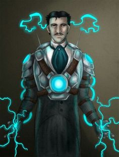 a man in a suit and tie with lightning coming out of his chest