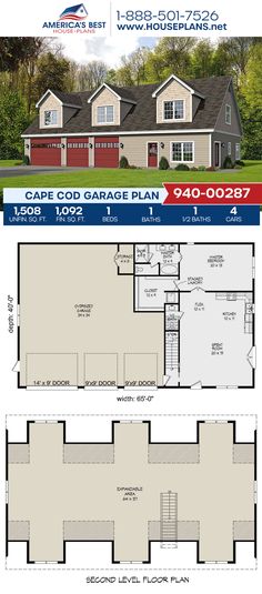 two story house plans with garage and living room in the front, one bedroom on the second