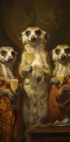 three meerkats are holding champagne glasses