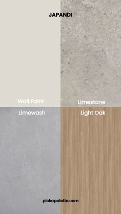 the different colors of wood and stone in japan, with text that reads wall paint limewash light oak