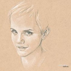 a pencil drawing of a woman's face with short blonde hair and blue eyes