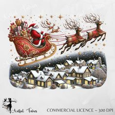 a santa claus sleigh flying through the sky with his reindeers and houses