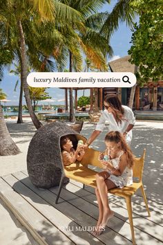 a woman and two children sitting on a bench in front of palm trees with the caption, luxury midwives family vacation