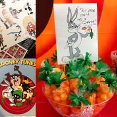 an assortment of cartoon themed items displayed in bowls and vases with cards on them