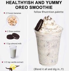 an ice cream smoothie with cookies and milk is shown in this ad for the health and yummy oreo smoothie