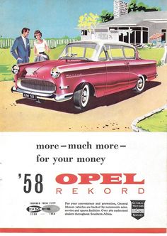 an advertisement for the opel record shows a man and woman standing next to a red car