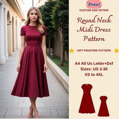 a woman in a red dress with the text, round neck midi dress pattern