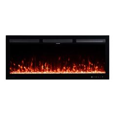 an electric fireplace with red flames on the side and black frame, in front of a white background