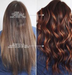 Fall Hair Colors With Formula, Caramel Toner Formula, Red Brown Hair Formula, Fall Hair Formulas, Auburn Hair Formula, Blonde Vs Brunette Before And After, Matrix Hair Color Chart, Auburn Balayage, Redken Hair Color