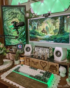 a computer monitor sitting on top of a wooden desk next to a keyboard and mouse