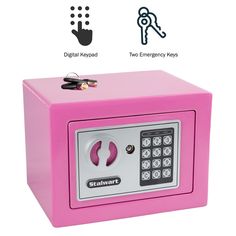 a pink safe with keys and symbols on it