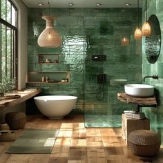 a bathroom with green walls and wooden floors, two sinks on either side of the bathtub