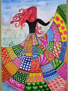 a drawing of a woman in a colorful dress