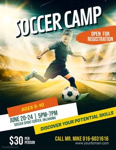 a soccer camp flyer with a man kicking a ball