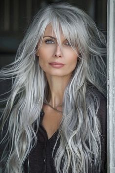 Layered Long Grey Hairstyles, Long Silver White Hair, Long Shag Haircut Grey Hair, Long Layered Silver Hair With Bangs, Grey Long Wigs, Long Hair Older Women, Silver Blonde Hair