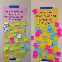 two bulletin boards with post - it notes attached to them, one is pink and the other is yellow