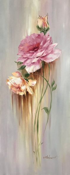 two pink flowers are in the middle of a painting