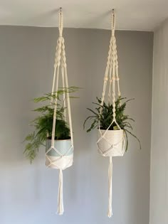 two macrame plant hangers with plants in them hanging from the ceiling,