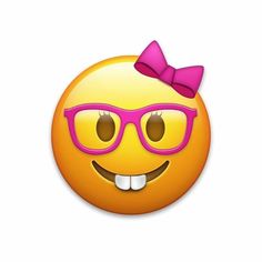 a smiley face with pink glasses and a bow on it's head is smiling