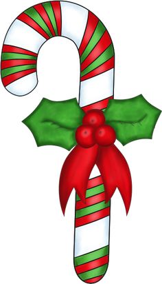 a candy cane with holly leaves and a bow on the top is decorated in red, green and white stripes